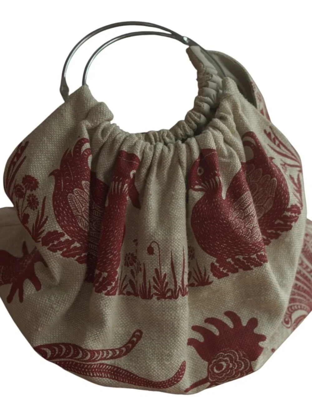 Vintage Rooster Bird Tapestry Ring Handle Bag Removable Cream Red Large